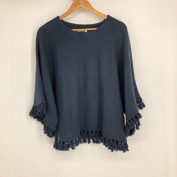 Chloe Fringe Poncho in Night Blue Cotton Wool Blend Drape Sweater Navy S - Picture 2 of 9